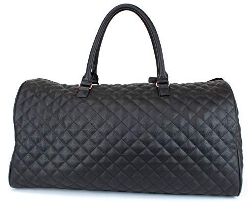 Women's Quilted Leather Weekender Travel Duffel Bag With Rose Gold Hardware  - Large 22 Size - Cute Satin Inner Lining - Mauve