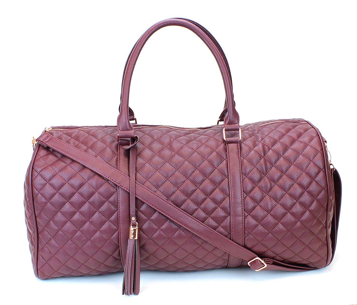 Women's Quilted Leather Weekender Travel Duffel Bag With Rose Gold Hardware  - Large 22 Size - Cute Satin Inner Lining - Mauve